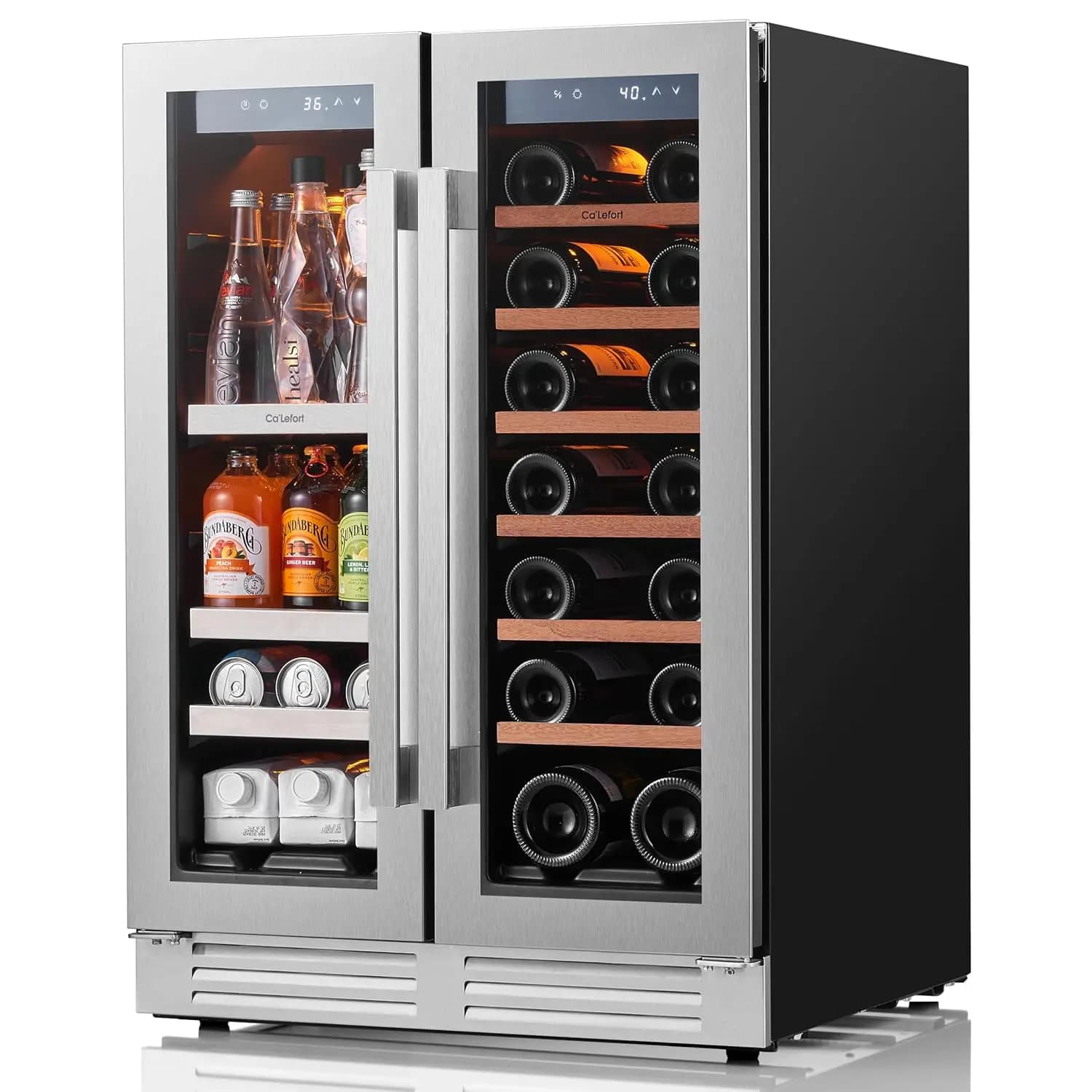 Frigorifero per Bevande e Vino a Doppia Zona da 24 Pollici, 60 Lattine 20 Bottiglie, Porta in Vetro, LED, Ripiani Regolabili, per Casa Ufficio Bar, 4.1 piedi cubi, Personalizzabile