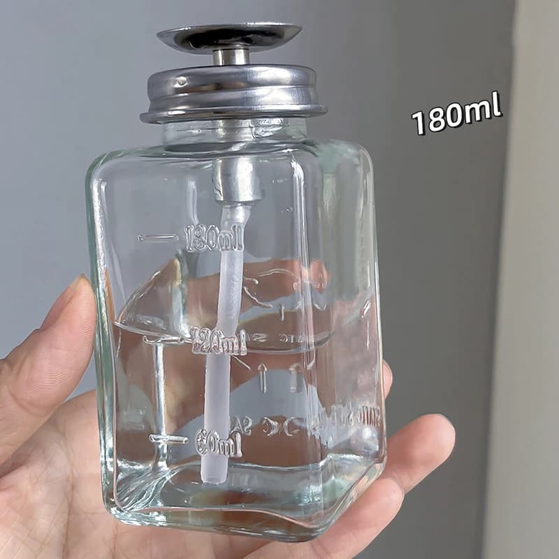Flacone Dispenser in Vetro da 180ml con Pompa a Pressione per Smalto, Alcool, Struccante, Ricaricabile, per Conservazione Liquidi