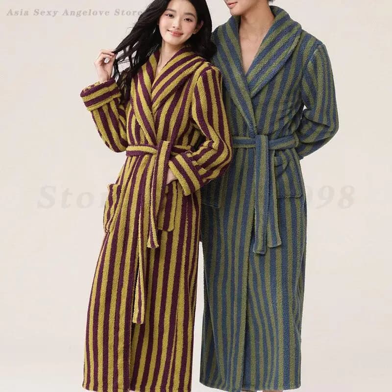 Coppia Flanella Lunga Veste Autunno Inverno Nuova Casa Vestiti Strisce Indumenti Da Notte Accappatoio Kimono Addensare Caldo Corallo Pile Pigiama