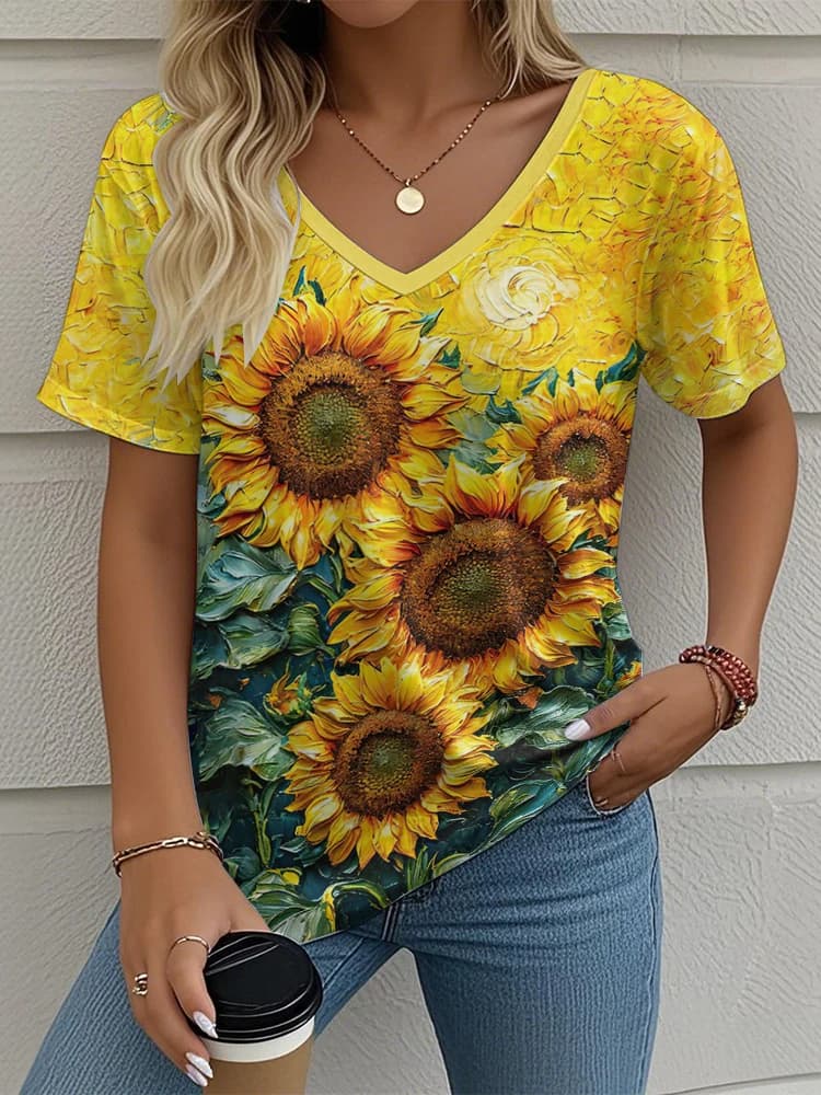 T-shirt con scollo a V da donna a fiori T-shirt estiva casual da esterno a maniche corte Moda stampa 3D Abbigliamento da donna oversize alla moda