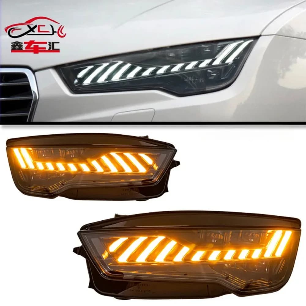 Gruppo fari a LED XCH con lente proiettore per modelli Audi A7 2011-2018, inclusi luci diurne e indicatori di direzione.