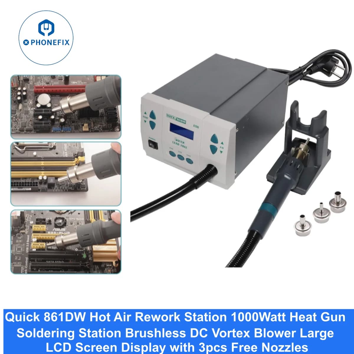 Stazione di Rilavorazione ad Aria Calda 861DW 1000W, Pistola Termica, Stazione di Saldatura con Ventilatore DC Brushless per Rilavorazione PCB, CPU, SMT e Micro Saldatura