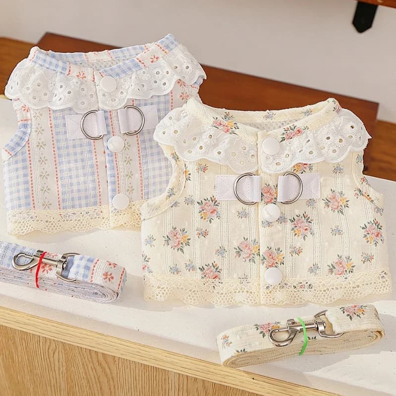 Floral Light Color Vest Harness Leash Set Outdoor Exercise Chain Lace Cat Chest Traction Spring Breathable Pet Dog Accessories
