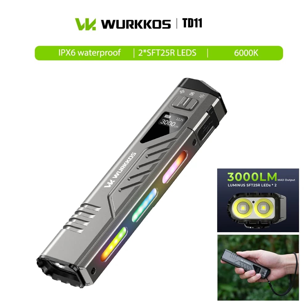 Torcia Tattica Sottile Wurkkos TD11 3000LM IPX6 EDC con Faro a 2 LED, Luce RGB e Display OLED Intelligente per Campeggio e Pattugliamento