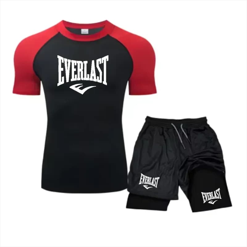 EVERLAST Camicia da Compressione da Uomo + Pantaloncini Sportivi 2 in 1 Set da 2 Pezzi per Il Tempo Libero Respiro Manica Corta Sport Jogging Palestra Marchio di Abbigliamento Stampa