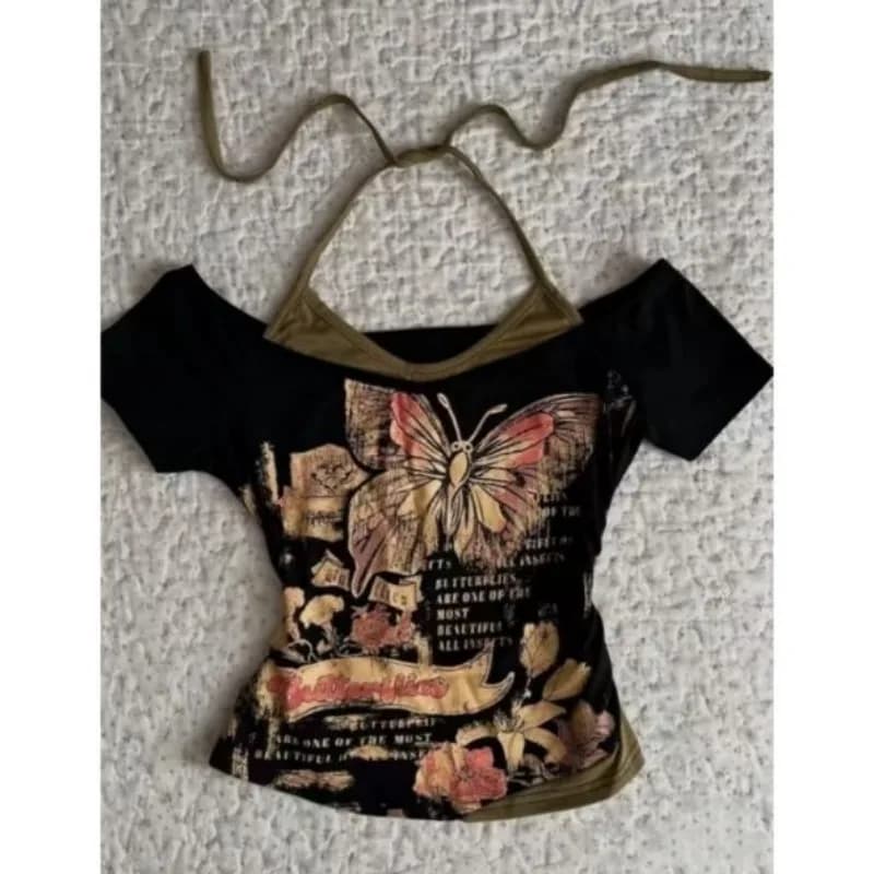 Abbigliamento vintage Donna Stampa Punk sexy Streetwear Slim Femme Tees Camicia Gotica Casual Grunge T-shirt anni 2000 Emo Y2k Crop Top