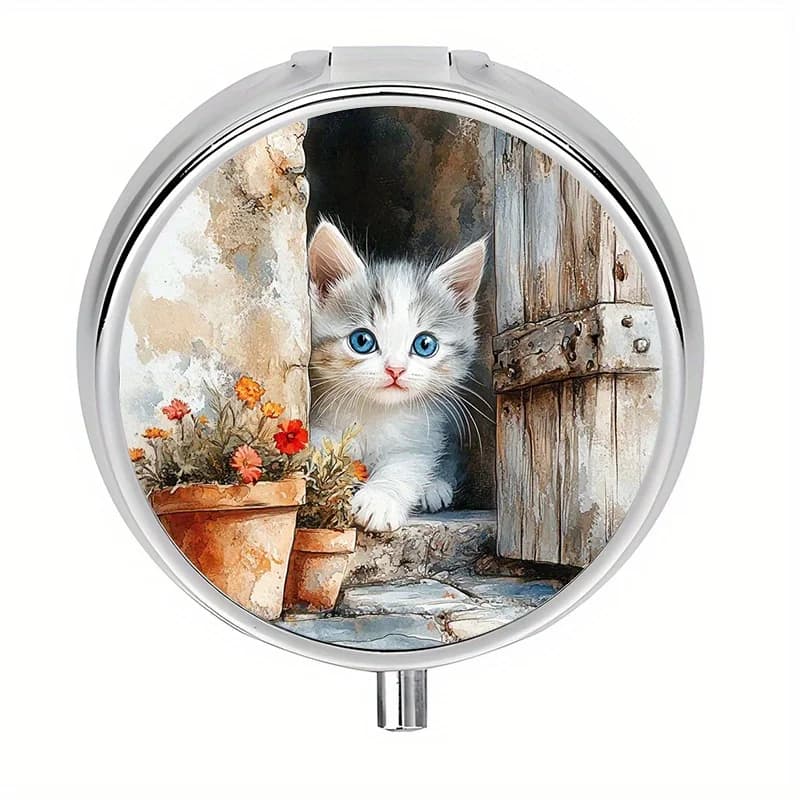 1 portable travel pill box with 3 compartments - cute cat design, food-safe metal, ideal for vitamins and supplements, a unique gift for cat lovers, pill organizer suitable for a purse