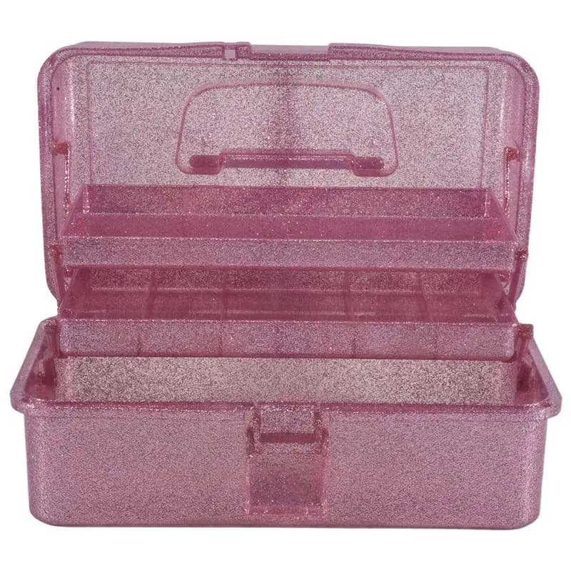AEE8-Glitter Pink & Craft Tool Storage Box,3-Layer Stackable Carry Tackle Box Sewing Box Organizer For Art