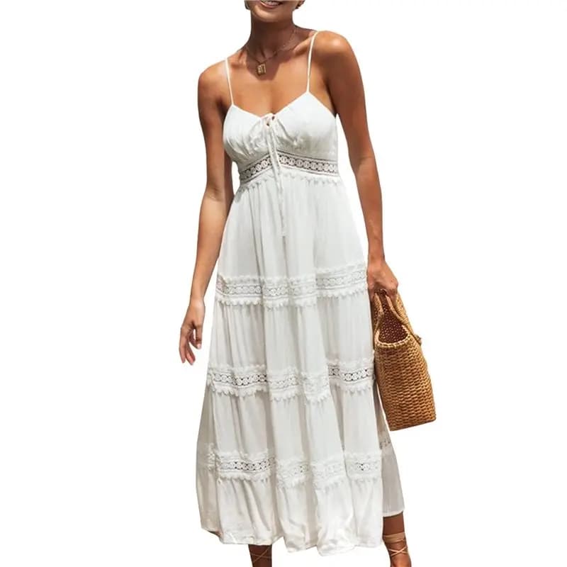 Women's Boho Crochet Lace Maxi Dress Solid Color Summer Vacation Spaghetti Strap Long Dress-A74P