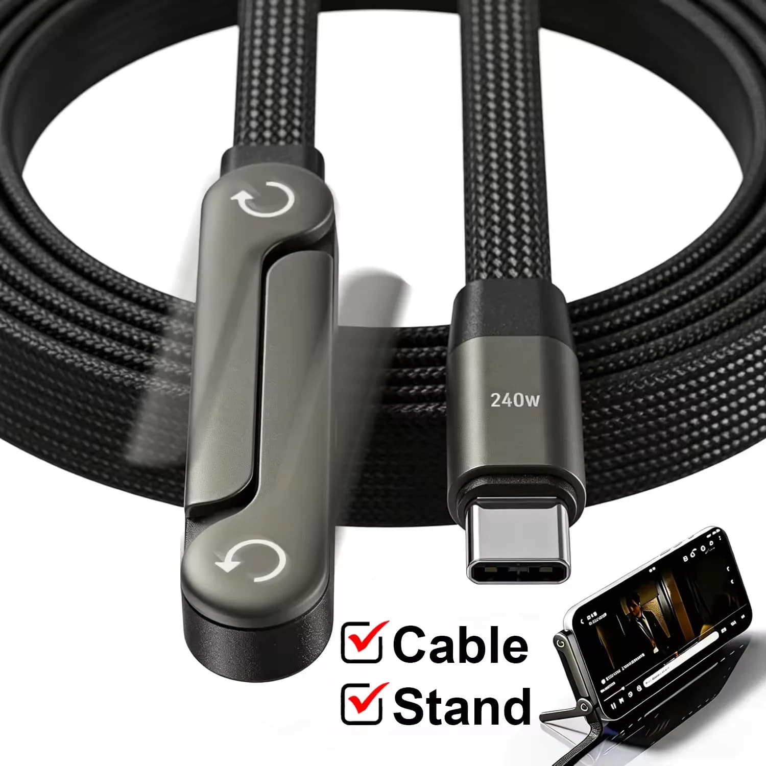 240W Elbow Type C to Type C Cable Fast Charging Data Cable Foldable Phone Stand Holder For iPhone 17 16 15 Samsung Charger Cable