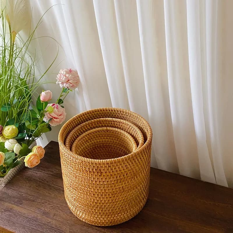 Cesto Portaoggetti Rotondo Grande in Rattan Vietnamita, Porta Penne, Cestino per Rifiuti, Cesto per Fiori
