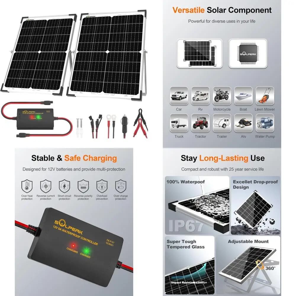 Caricabatterie Solare 12V 50W, 2x 25W Maintainer, Regolatore Impermeabile 8A, Supporti Regolabili per Camper, Auto, Barca e Nautica