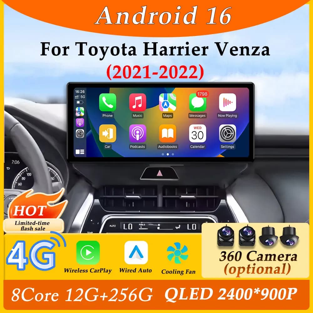 Schermo ultrasottile Android 16 per Toyota Harrier Venza 2021 - 2022 CarPlay Autoradio Lettore multimediale Schermo diviso DSP Stereo