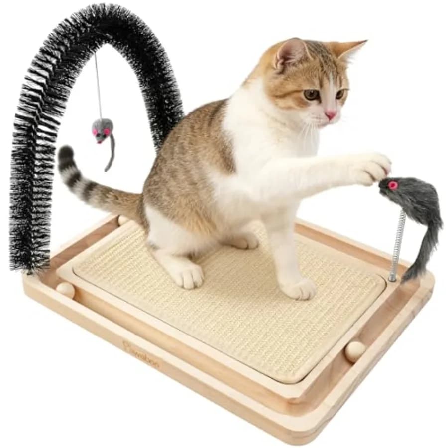 Tappetino Graffiatore Naturale in Sisal per Gatti 16.93×12.99, Giocattolo Interattivo in Legno con Palla a Molla e Pista per Gattini