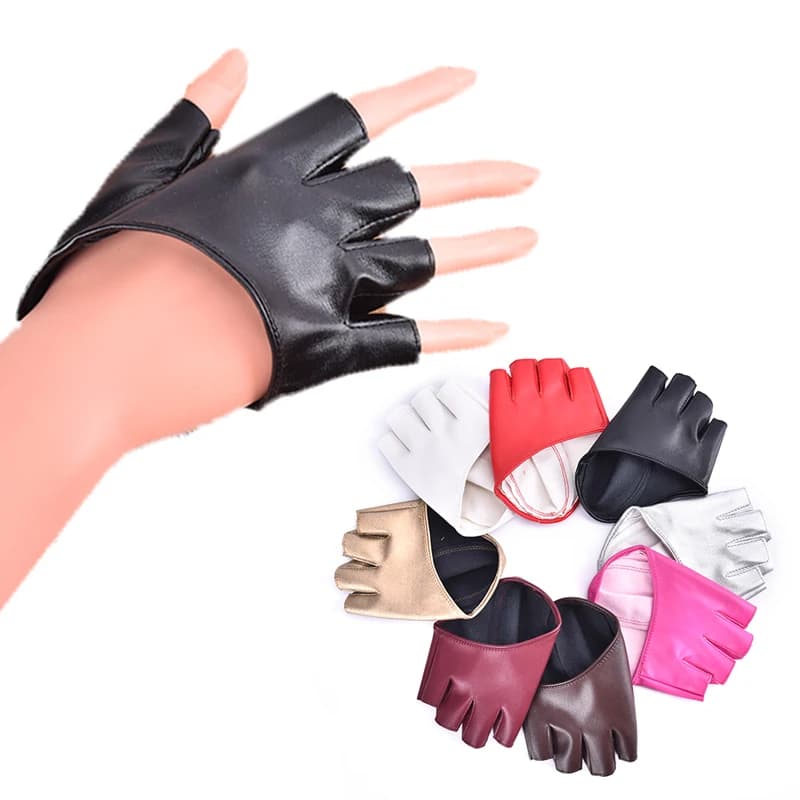 1 pair of black half finger gloves in leather PU fashion woman Cool Heart Hollow fingerless gloves boy gloves for Fitness