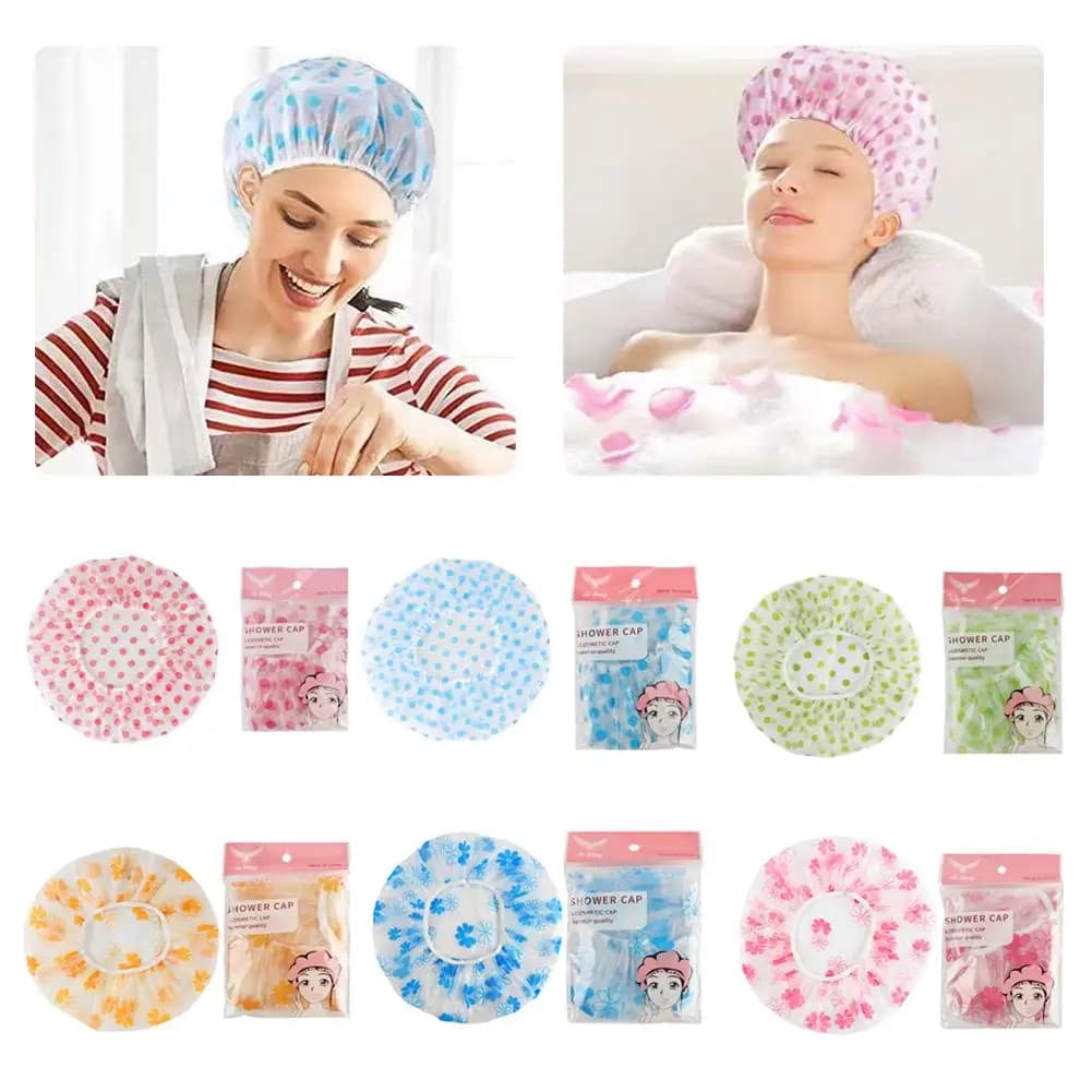 Pink polka dot shower head Material PE Soft elastic band waterproof Safe fit Light folding hair protection suitable for travel