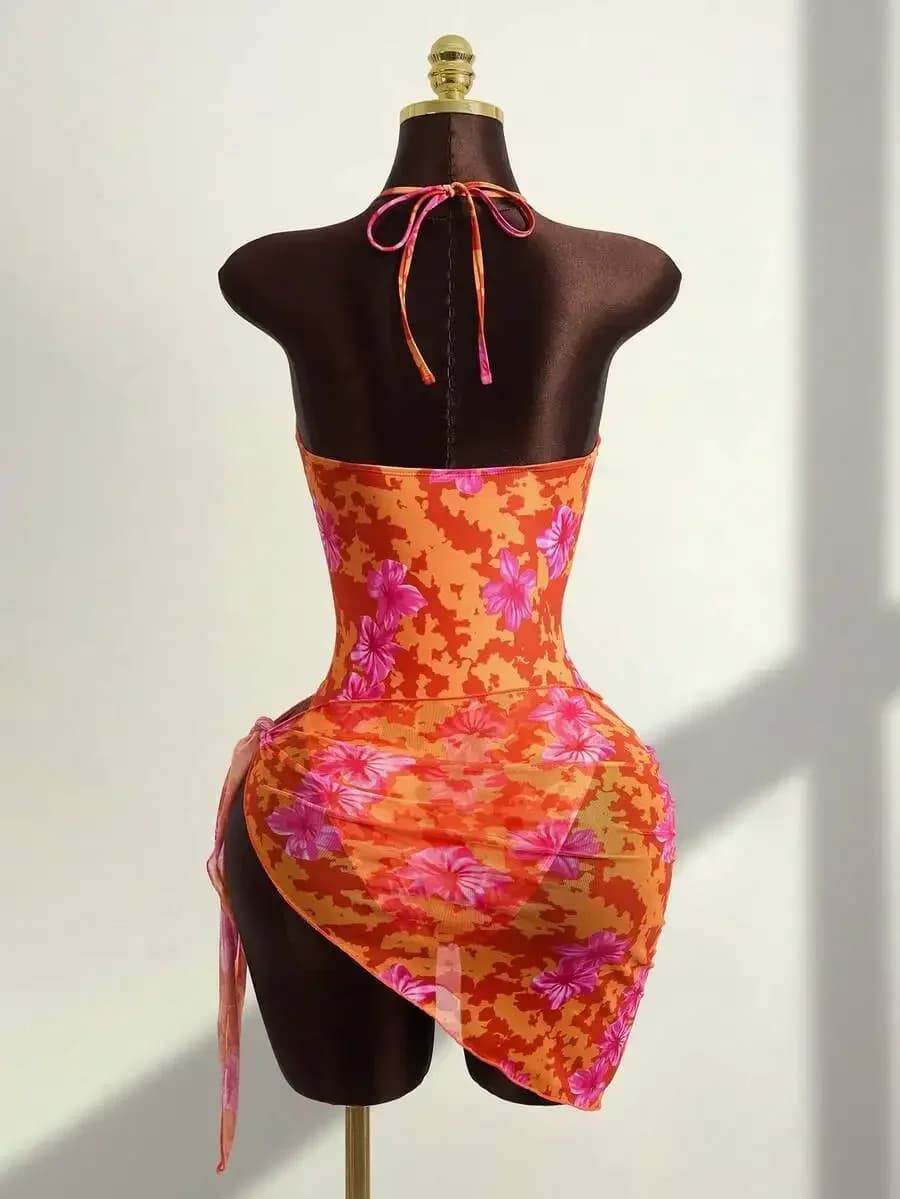 Womens Floral Print One-Piece Swimsuit With Skirt Beach Pool Party Summer
