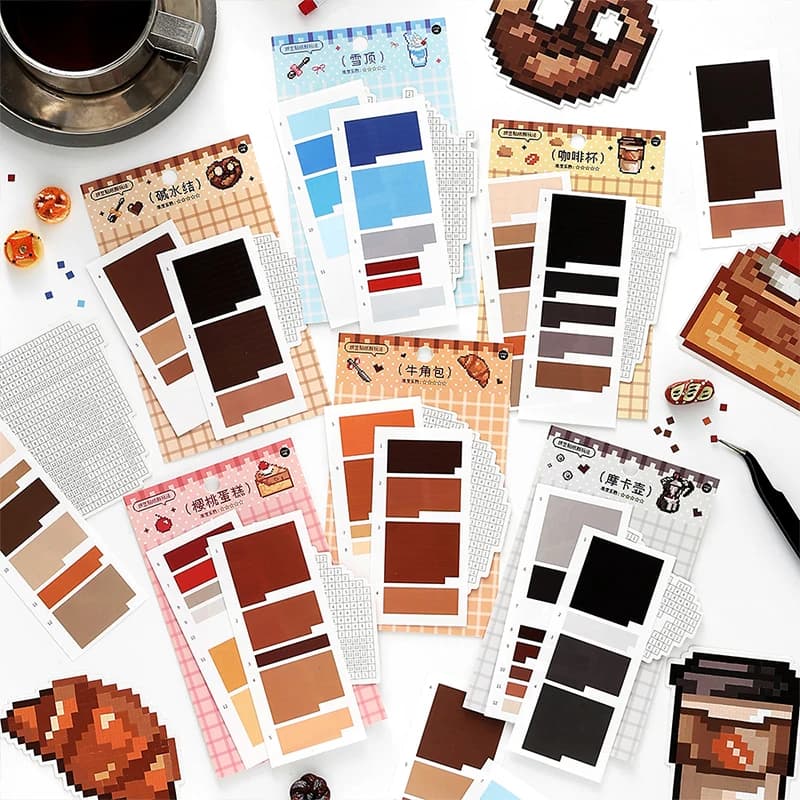 3bags Pixel Art Food Color Block Stickers Set Aesthetic Coffee Dessert Stickers For Journal Scrapbooking Planner DIY Crafts