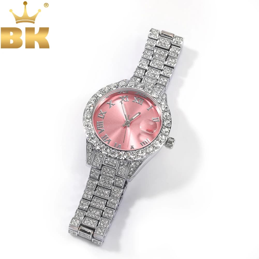 TBTK Women Watch Baby Pink Dial Iced Out Quartz Clock Luxury Rhinestone Waterproof Wrist Watch Small Size For Women