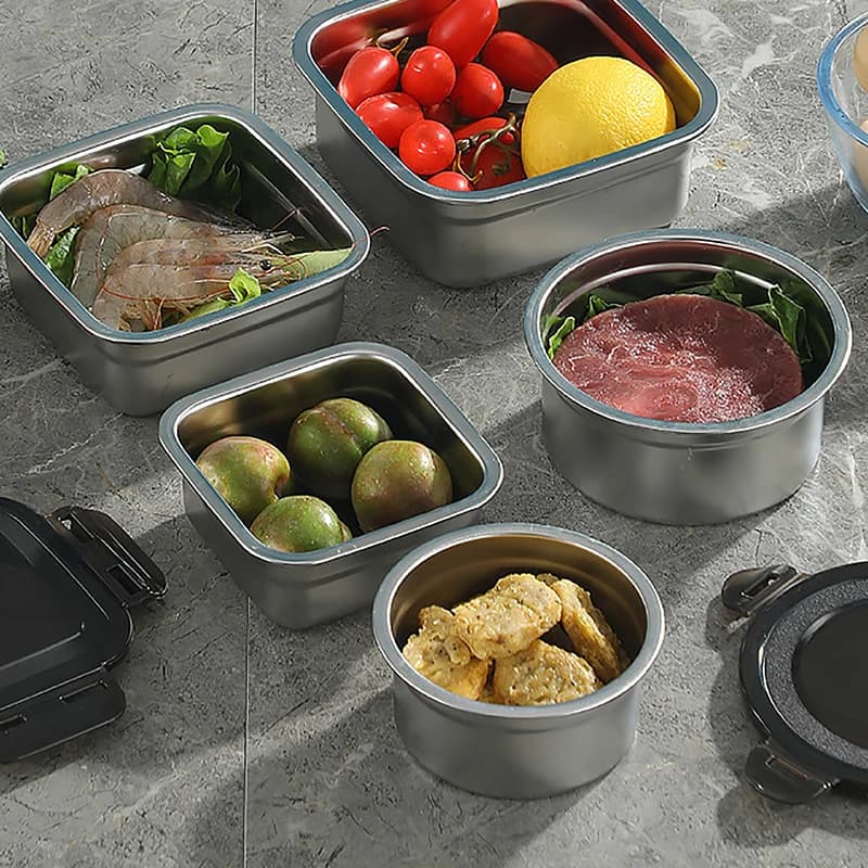 Contenitore per alimenti in acciaio inossidabile scatola per la conservazione della freschezza coperchio sigillato Crisper Lunch Meal Prep Storage frigorifero Set da cucina ciotola quadrata rotonda