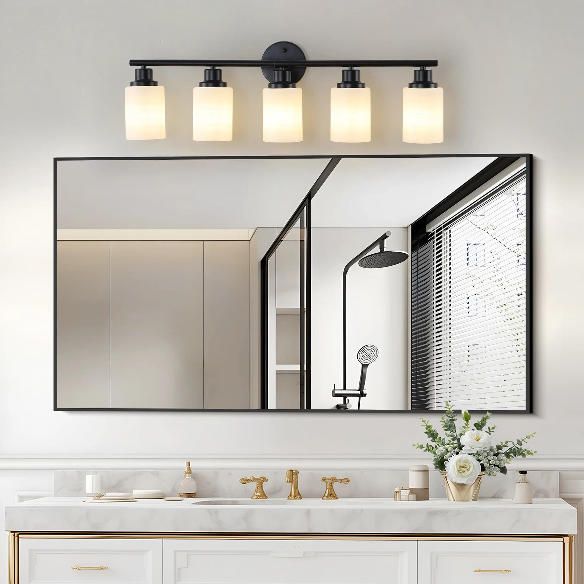 Luce moderna per specchio da bagno a 5 luci, vetro bianco smerigliato con struttura in ferro nero (lampadina non inclusa)