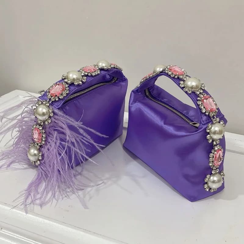 Pochette quadrata in raso di design Borse da donna con piume di diamanti Perle di lusso Borse da sera per feste Borse da sposa Tote