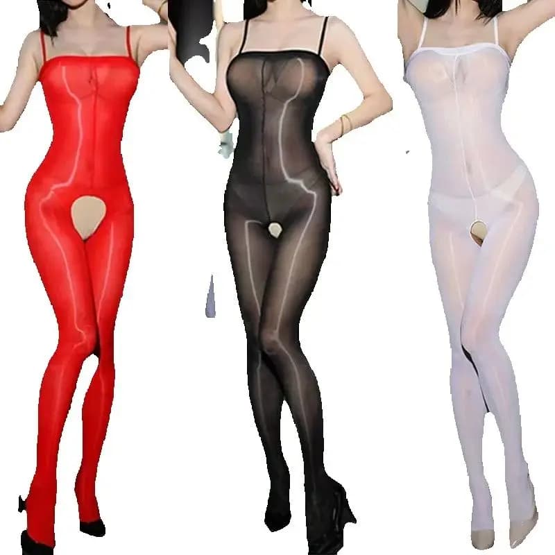 Donne Sexy Sheer Olio Lucido Tuta Della Bretella Della Tuta Con Apertura Sul Cavallo Collant Lingerie Erotica Trasparente Elastico Corpo Calze