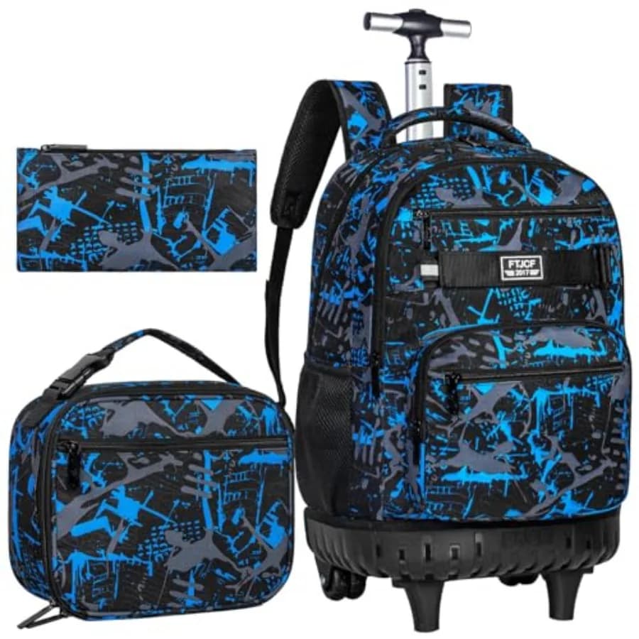 Set di 3 Zaini con Ruote per Ragazzi e Uomini, Borsa Trolley da 19 Pollici per Adulti, Zaino con Ruote e Porta Pranzo