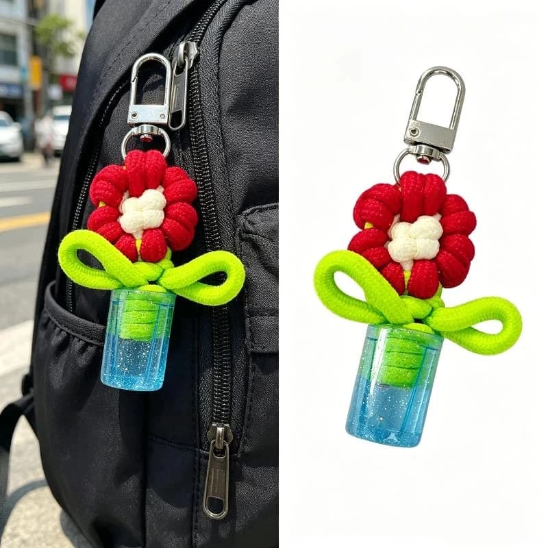 ●Cute Handwoven Flower Keychain Mini Vase Potted Plant Charm Backpack Pendant For Women And Kids
