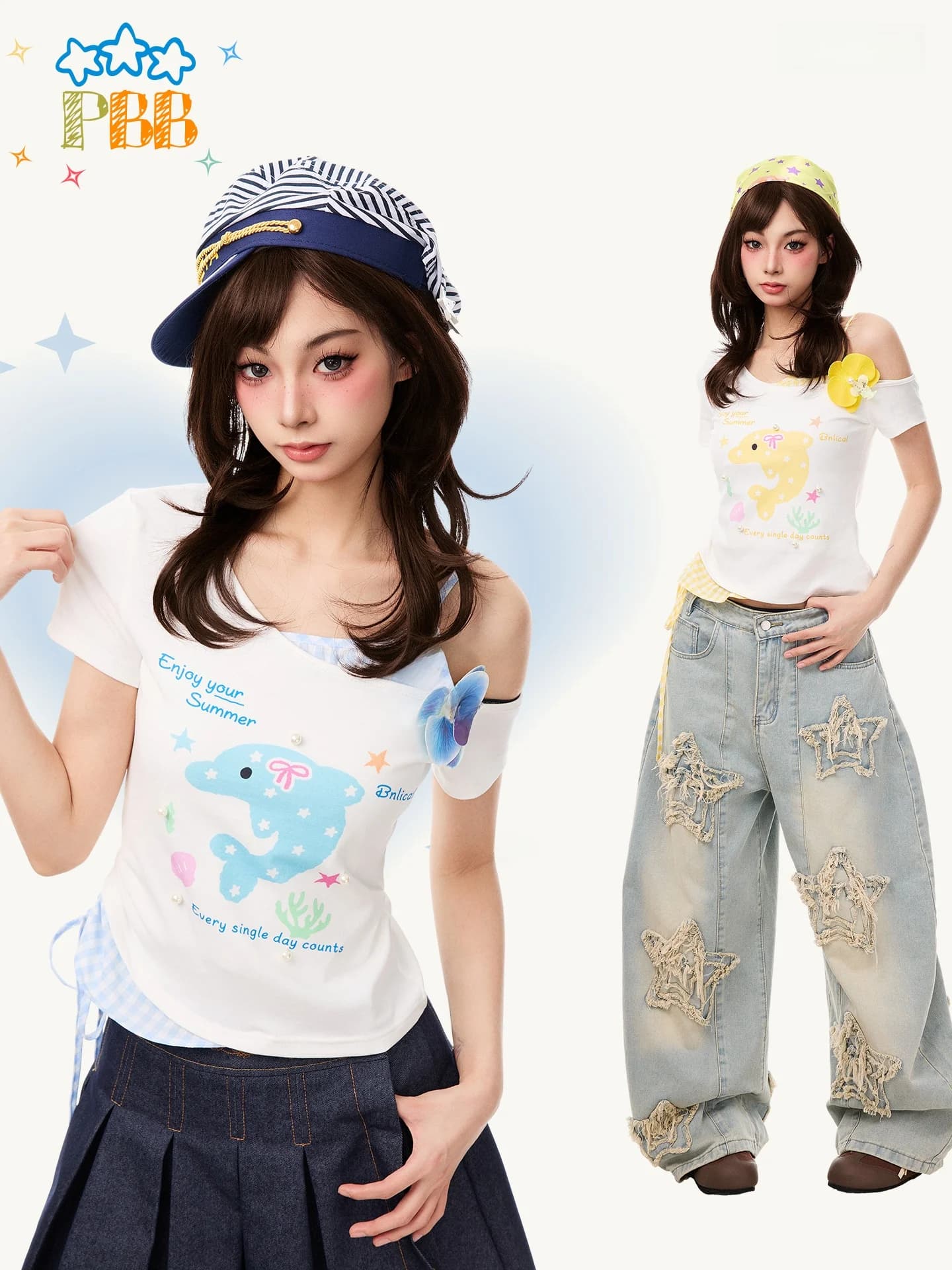 PBB Sweet Style Dolphin Print Short Sleeve T-Shirt Women's Slim Fit Shoulder Bared Younger Looking Ruffle Top Splice Design C...