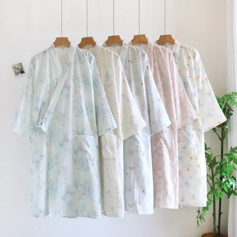 Spring Summer New Flower Fresh Kimono Robes Women Bathrobes 100% Washed Cotton Japanese Female Casual Nightgowns Home Bathrobes