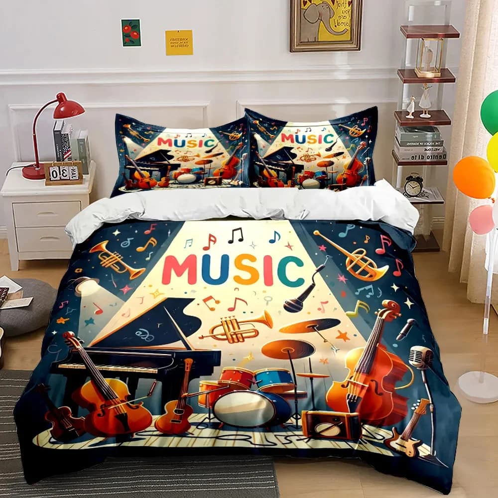 Set Decorativo a Tema Strumenti Musicali, Set di Biancheria da Letto Morbido e Confortevole, Include 1 Copripiumino e 2 Federe, Regalo