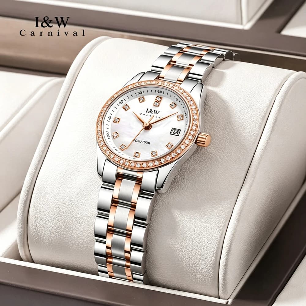 Orologio al quarzo con diamanti di moda della serie di fascia alta Carnival Brand IW per donna, bracciale in acciaio inossidabile, orologi impermeabili con vetro zaffiro
