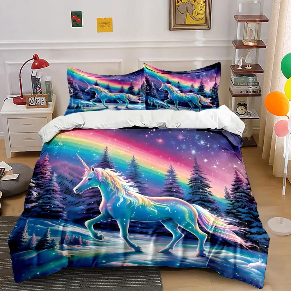Set copripiumino stampato con unicorno da sogno e foresta arcobaleno, 1 copripiumino + 2 federe, decorazione per camera da letto in diverse misure