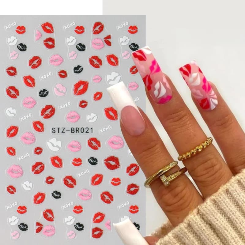 2 pieces stickers for nail art with 3D kiss print cute lips design decals for nails heart line French slider for manicure decoration Valentine's Day sticker