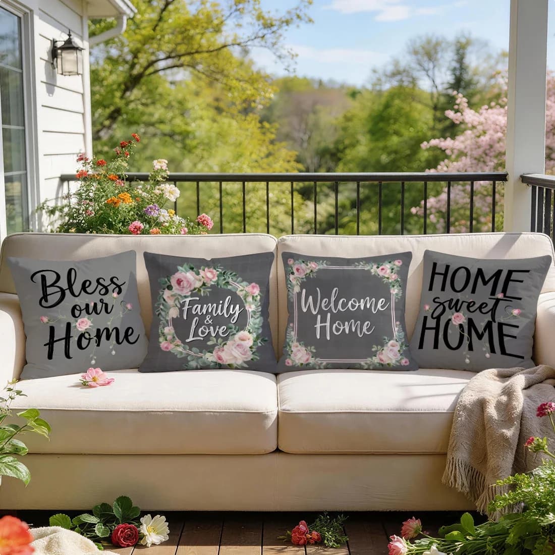 Set di 4 Federe per Cuscini Tinta Unita con Motivi Floreali, Stampa Monofacciale 40/45/50CM, Copricuscini Decorativi per Divano e Casa