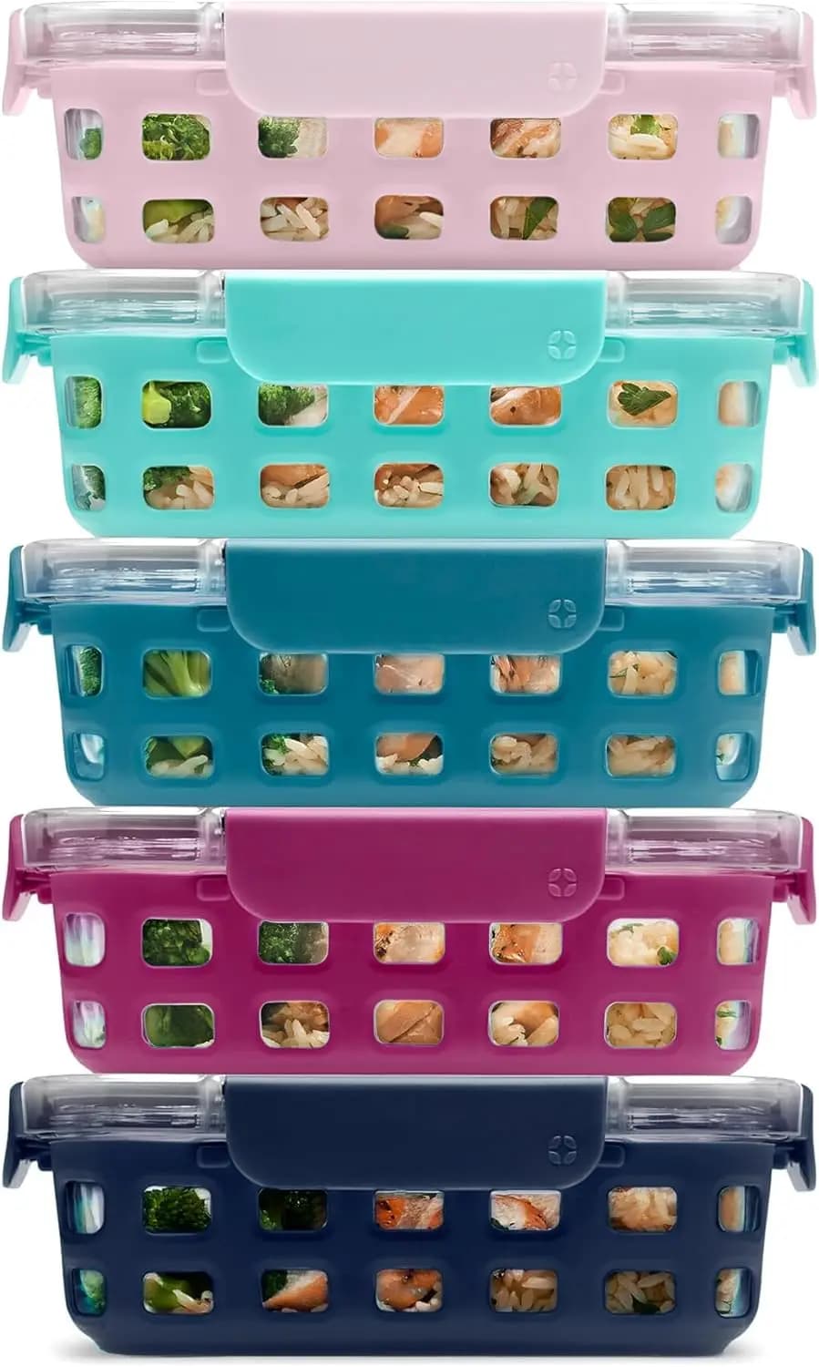 Set di Contenitori per Alimenti Duraglass da 3,4 Tazze, 10 Pezzi, Set da 5 - Contenitori in Vetro con Manicotto in Silicone e Chiusura Ermetica Senza BPA