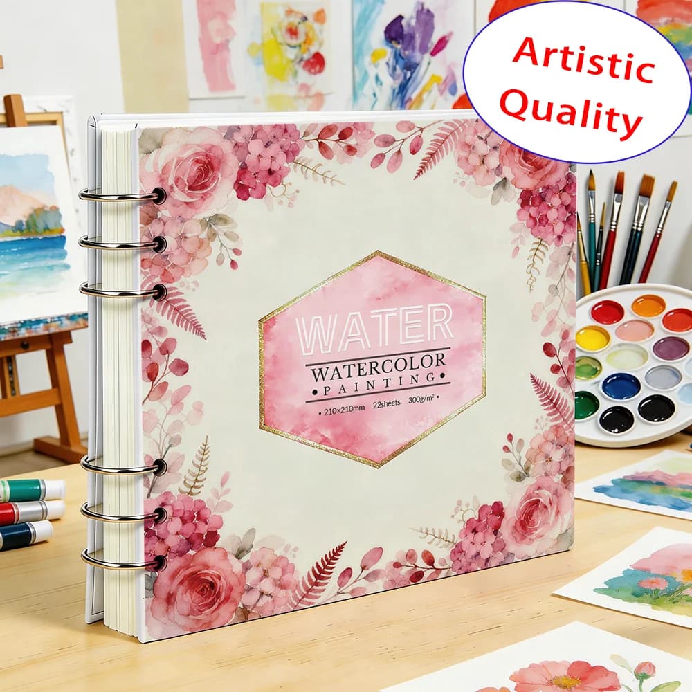 210x210mm 300GSM Watercolor Sketchbook, 22 Sheets Rough Texture Paper, Detachable Metal Ring Binder, Floral Cover Art Pad for Pa