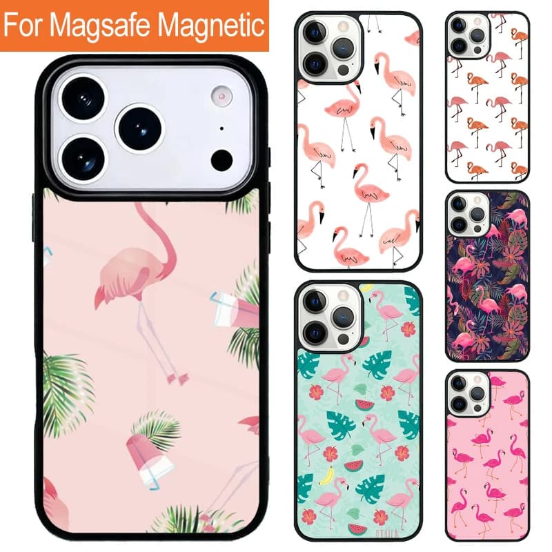 Pink Red Flamingo Magnetic Wireless Charging Phone Case For iPhone 17 Pro 16 15 13 12 11 Pro Max Air 14 Plus With Magsafe Cover