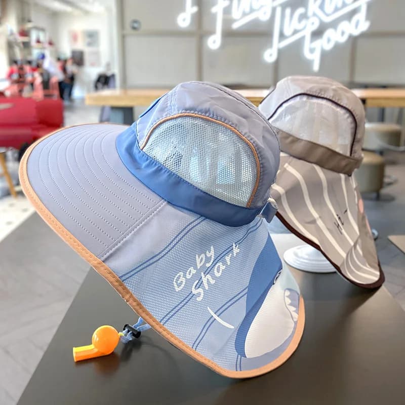 Cappello da sole estivo per bambini, alla moda, con protezione UV, a forma di cartone animato, con scialle, a tesa larga, in rete, tipo pescatore, per bambini e bambine dai 3 ai 12 anni