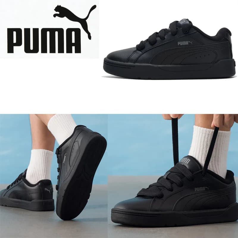 PUMA Unisex All Black Low Top Skate Sneakers 400496-02 Faux Leather Upper Casual Shoes