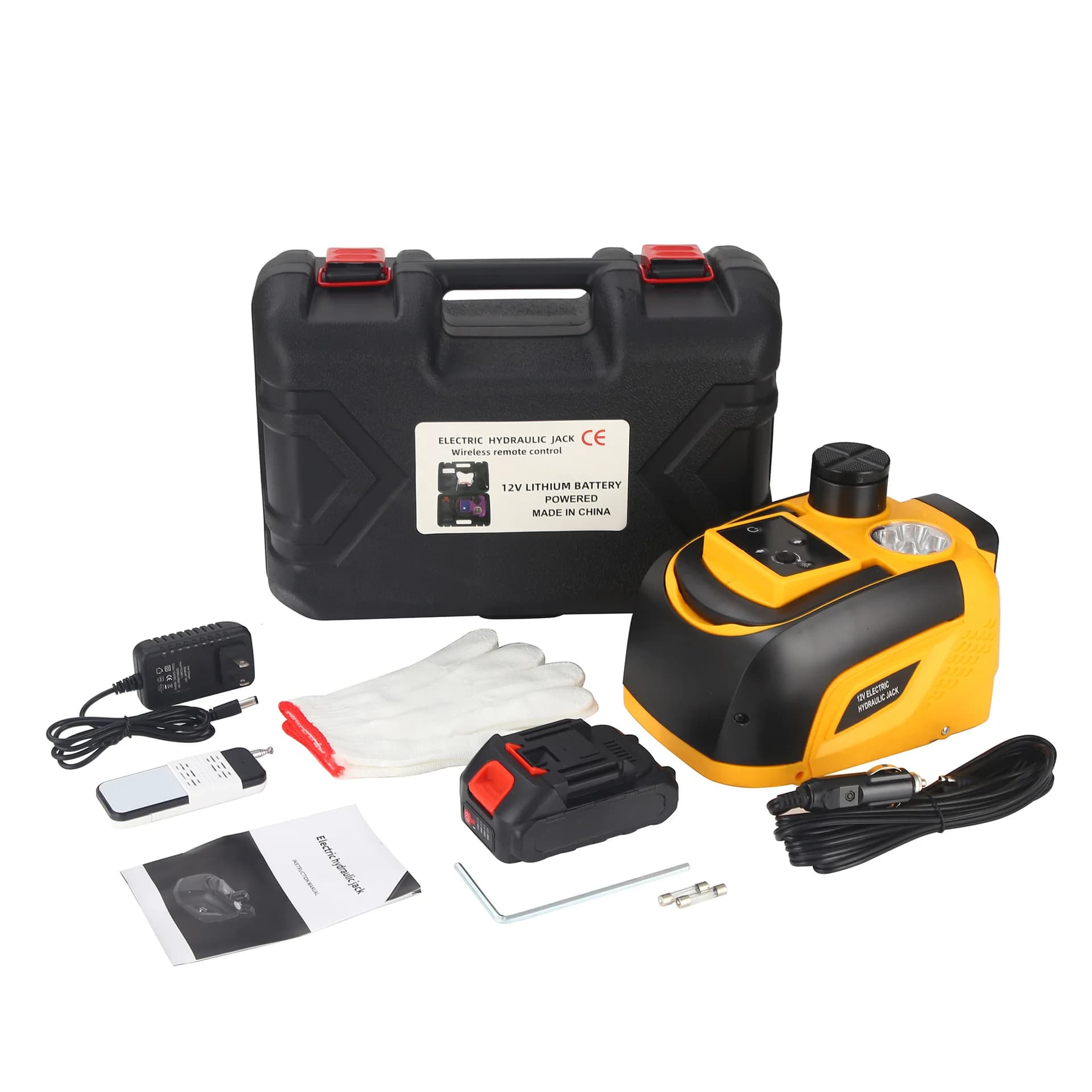 Cric idraulico elettrico da pavimento per auto 12V 5 tonnellate, pompa di gonfiaggio pneumatici e torcia a LED 3 in 1 set con martello sicuro