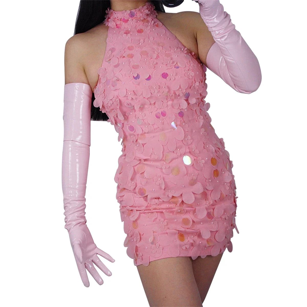 Guanti Lunghi da Donna DooWay in Ecopelle Rosa Lucida Effetto Lattice, per Serate, Feste, Cosplay e Sfilate di Moda