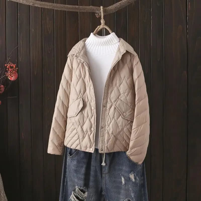Giacca Leggera in Piuma d'Oca da Donna, Modello Corto con Colletto a Camicia, Motivo a Rombi, Moda Coreana, Nuova Collezione Autunno Inverno
