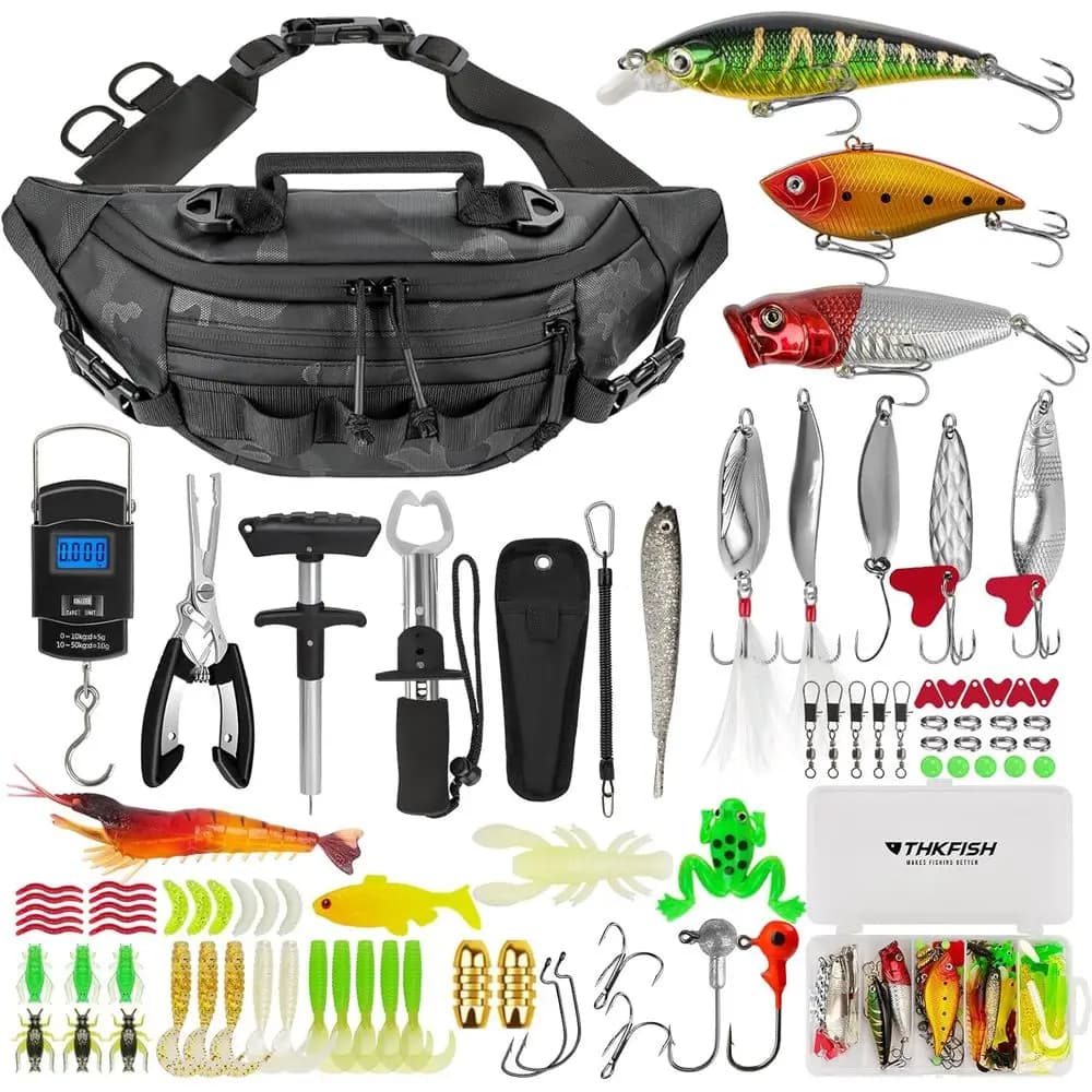 Compact fisherman pack with equipment box, portable fishing pouch, bait set, pliers and scale