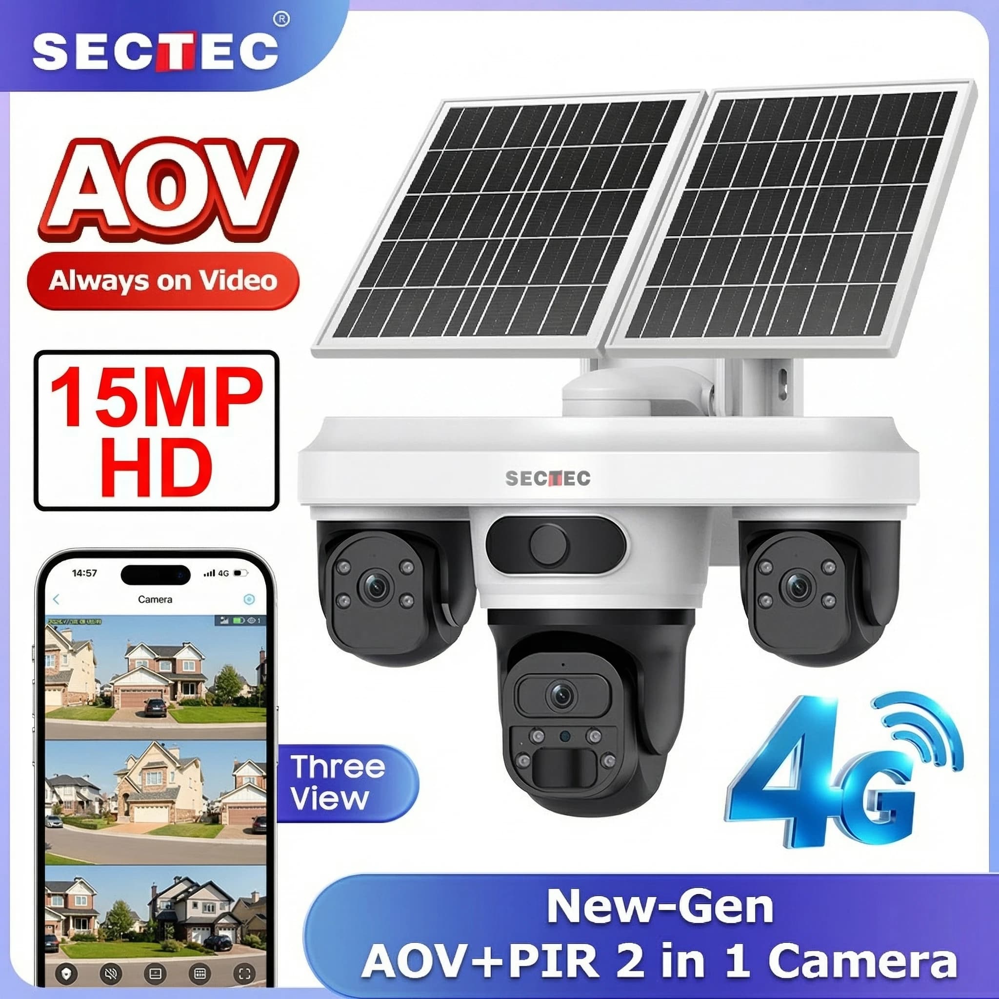 Telecamera di Sicurezza Solare 4G SECTEC con 3 Obiettivi, 15MP, WiFi Wireless, Registrazione 24/7, Apertura F1.0, Rilevamento AI Umano 90FT, IP66