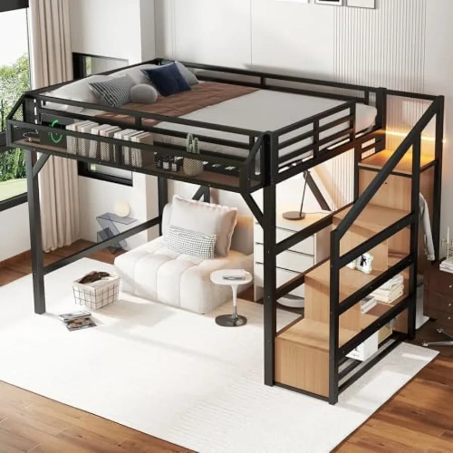 Letto a soppalco matrimoniale con scale e armadio, letto a soppalco matrimoniale con stazione di ricarica, luci e mensola laterale, letto a soppalco resistente