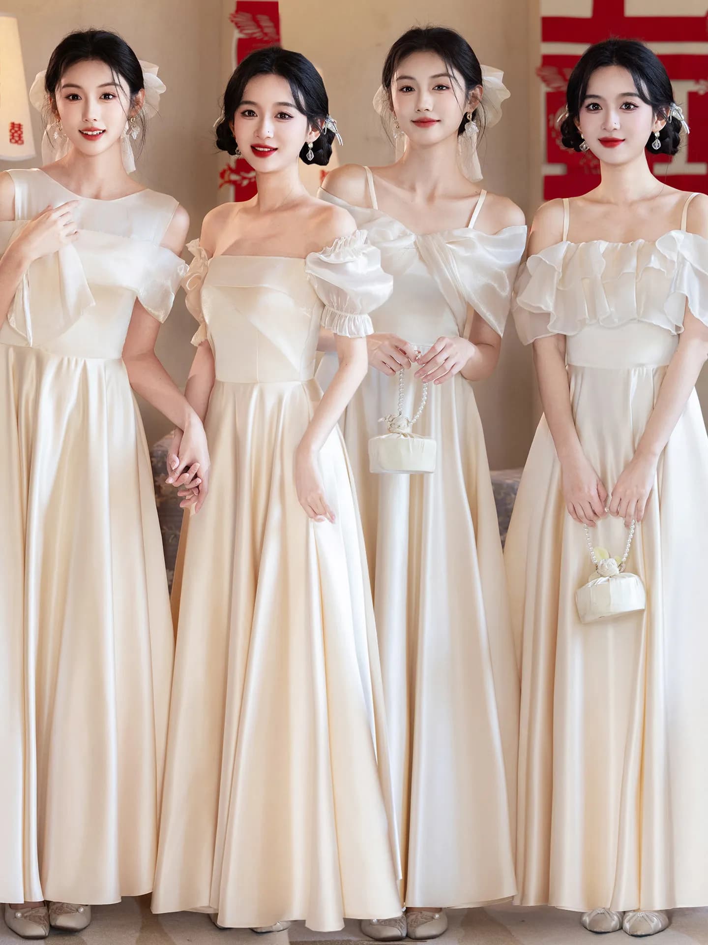 Champagne Satin Maids of Dresses Luxury High-End Summer Wearable Wedding Gowns for Sisters Fashionable A-Line Skirts