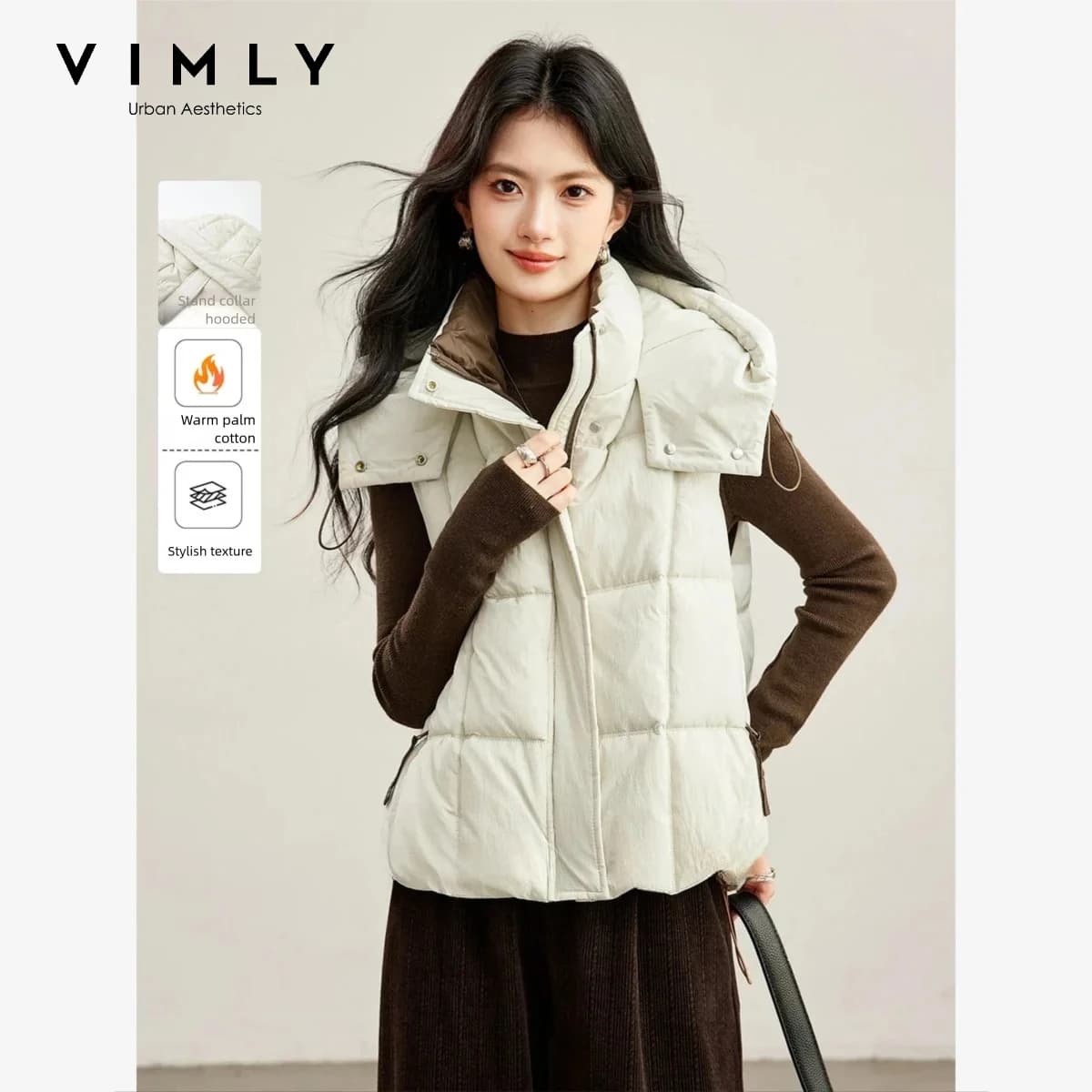 VIMLY Color Contrast Detachable Hooded Vest Women Layering Warm Waistcoat Sleeveless Coat 2026 Autumn Short Quilted Vest 31805