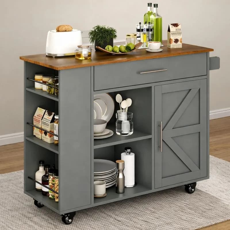 Carrello da Cucina con Ruote, Cassetto, Porta Spezie e Portasciugamani, Ripiani Portaoggetti